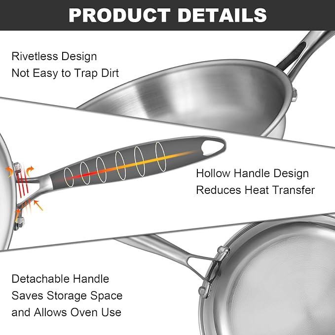 EWFEN Tri-Ply Stainless Steel Frying Pans Set, 8”/10”/12” Cooking pans, PFOA&PTFE Free Skillet, Induction Cooking Pan, Dishwasher and Oven Safe, Fast & Even Heat, Heavy Duty and Detachable Handle