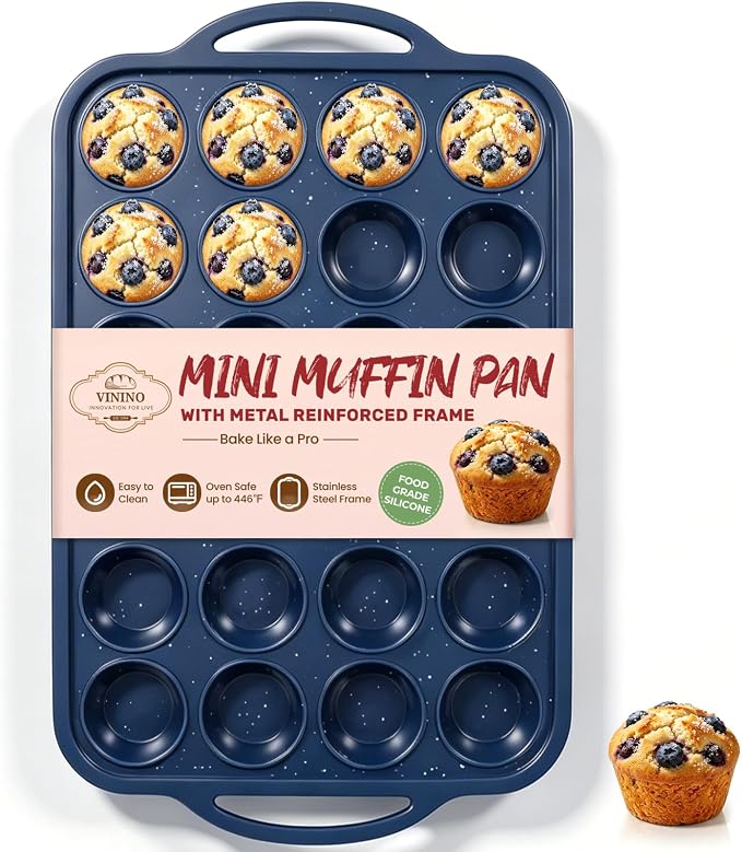 Vinino 24 Cup Silicone Muffin Pan with Metal Reinforced Frame | Nonstick, Food Grade Silicone, Easy Release, Oven Safe, Up To 446°f, Dishwasher Safe, Perfect for Muffins and Cupcakes