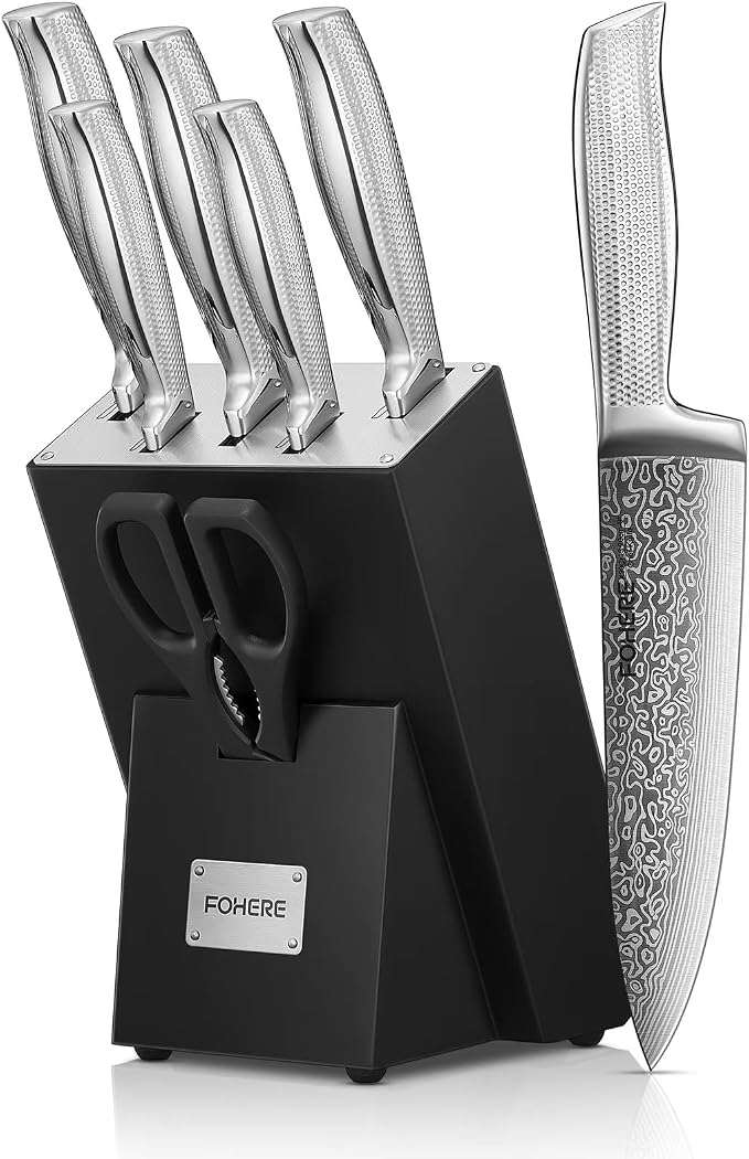 Knife Set, FOHERE 7 Pieces Kitchen Knife Set with Built-in 5 x Sharpeners, Waved Texture Knife Set with Block, Stainless Steel Knife Block Set, Sharp Knives Set with Ergonomic Handle