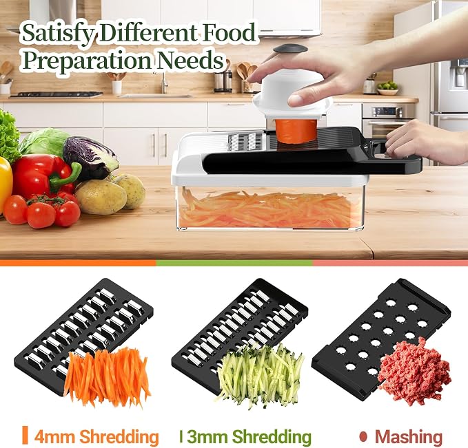 15-in-1 Vegetable Chopper 10 Blades, Veggie Cutter with Handle, Black/White | Stainless Steel Blades, Food Container and Lid, Dicer, Slicer, Julienne, Egg Separator, Non-slip Base, Include Cleaning Tools