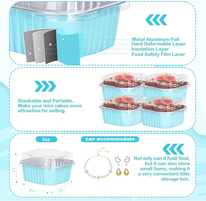 30Pack 5oz Mini Cake Pans with Lids Baking Cups Aluminum Foil Pans Tins, Individual Dessert Cups Containers for Sales,Party,Picnics Sky Blue