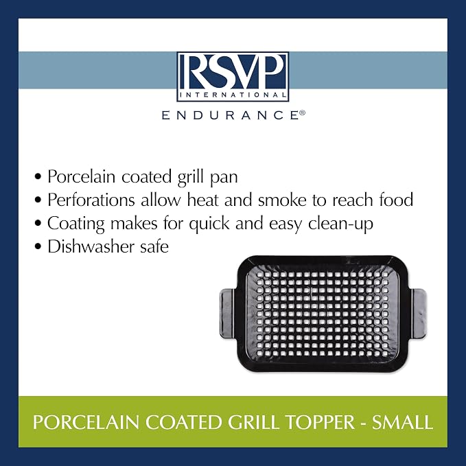 RSVP International Porcelain Coated Steel BBQ Grill Tray/Pan, Outdoor Barbeque Grilling Accessories for Cooking Fish & Vegetables, Dishwasher Safe, Small, 13x7.25"