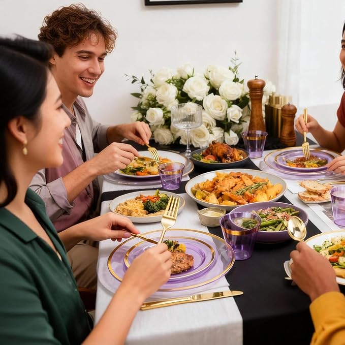 600PCS Purple Gold Plastic Plates, Disposable Dinnerware Set for Party | 100 Guest, 100 Dinner & Dessert Plates, Forks, Spoons, Knives, Cups, Gold Rim, for Graduation Wedding Bridal Shower