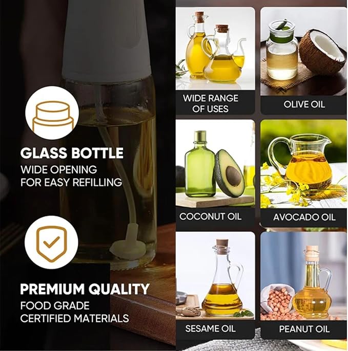250ml Glass Olive Oil Sprayer for Cooking – Fine Mist Refillable Oil Dispenser Bottle for Air Fryer, Baking, Grilling & Salad – Premium Food-Grade Kitchen Gadget for Healthy Cooking