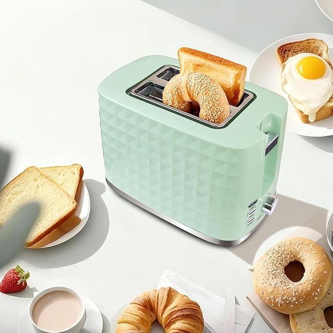 Toaster 2 Slices, Toasters Wide Slot, Bread Toaster with Cancel, Bagel, Defrost Function, Bagel Toasters with Removable Tray & 6 Temperature Settings, Green