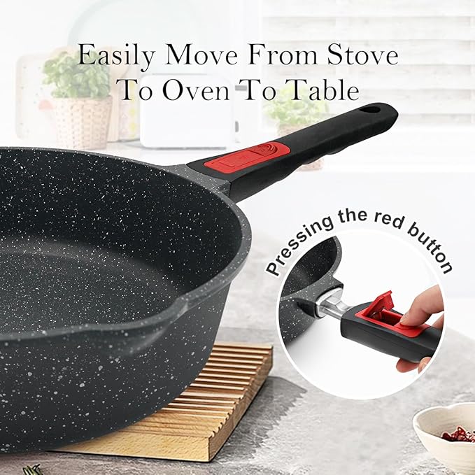 12-Inch Non Stick Frying Pan with Steamer, 5 QT Deep Saute Pan with Lid, Vegetable Steamer Cookware for Cooking, Detachable Handle, Compatible with All Stoves, Oven Safe, PFOA Free, Black