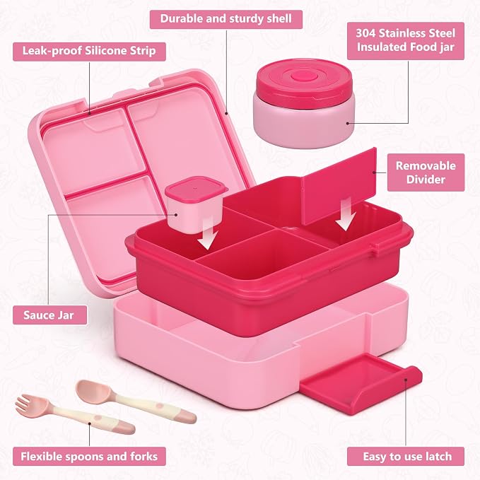 WyfKyd Bento Lunch Box Set with Soup Thermo Food Container for Kids Adults | Bento Box Set with 9.5oz Soup Thermo Kids Leak-proof Lunch Box Container with Insulated Hot Food Jar and Bag for School Pink