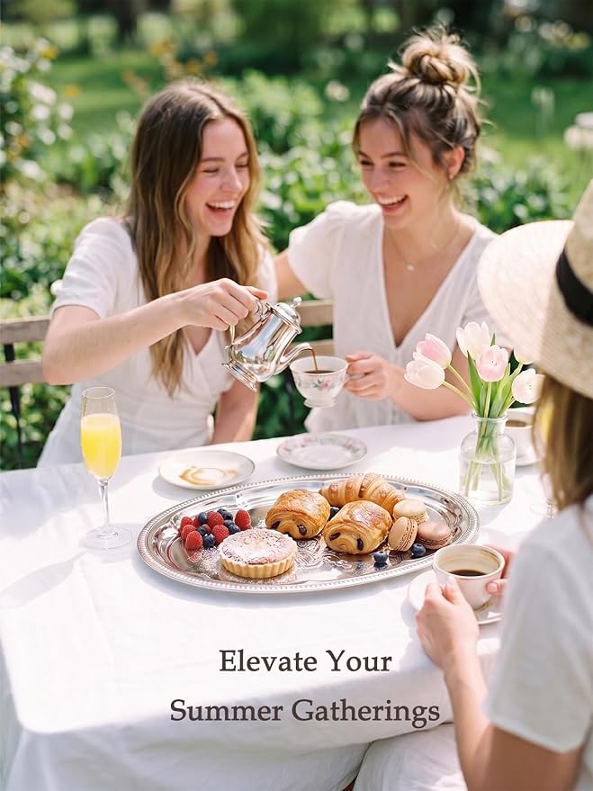 4-Pack 15.7" x 11.8" Silver Serving Trays for Party Set - Lightweight Oval Floral Engraved Silver Platter, Stainless Steel Wedding Vintage Tray for Food, Charcuterie, Cookie, Desserts