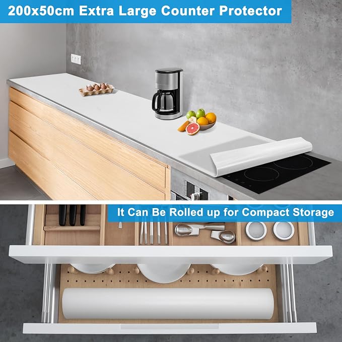 Extra Large Silicone Mat 78.74”x19.69”x0.08”, Multipurpose Silicone Mat Thick Heat Resistant Mat Shipped Rolled Up Kitchen Counter Mat Nonslip Silicone Mats for Kitchen Counter Translucent | Thick Nonslip Silicone Counter Mat, Waterproof Kitchen Counte...