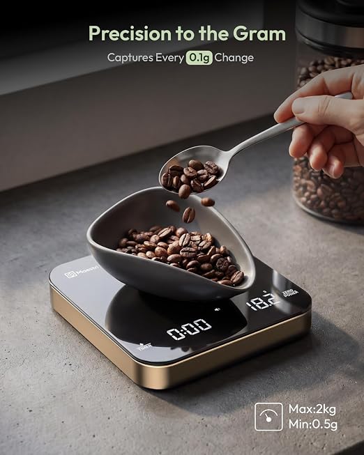 Maestri House S2 Espresso Coffee Scale with Timer 0.1g Precision Shot Scale | USB-C Rechargeable, Dual Timing Modes, 2kg/0.1g Digital Scale with Borosilicate Glass Top for Espresso and Pour-Over Brewing