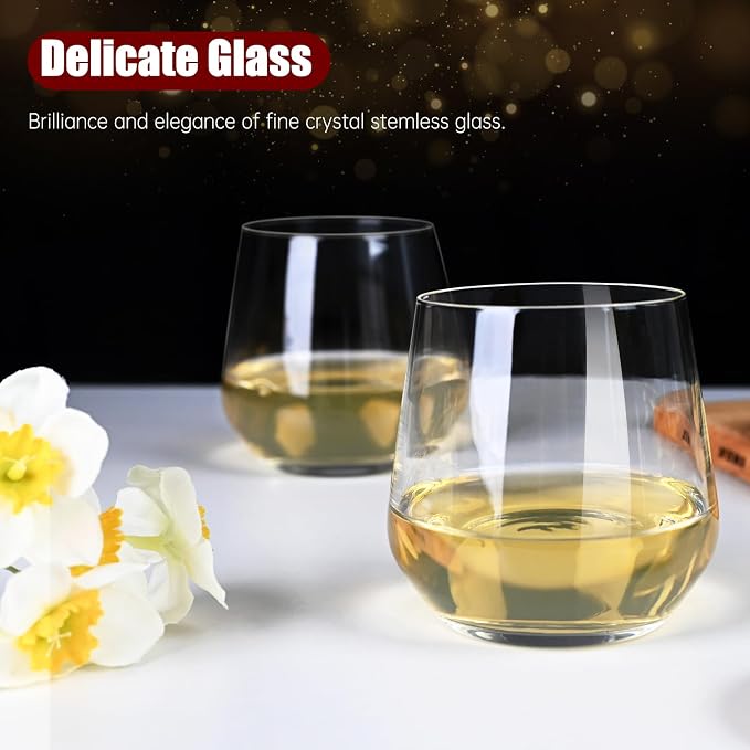 Chouggo Stemless Wine Glasses Set of 6, Hand Blown Premium Crystal Square Red White Wine Glass - Gifts for Women, Men, Wedding, Anniversary, Christmas, Birthday - 15Oz