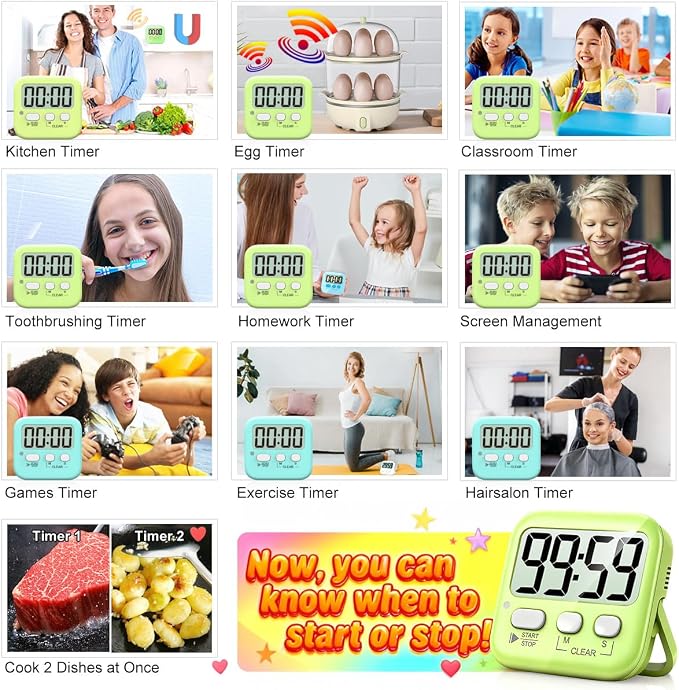 2 Pack Digital Timer for Kids Classroom Kitchen Timers for Cooking | w/ Battery, Easy to View, Alarm, Mute Mode, Count Down/Up, Magnetic, Kickstand, Hanging, Classroom Timer for Teacher Supplies