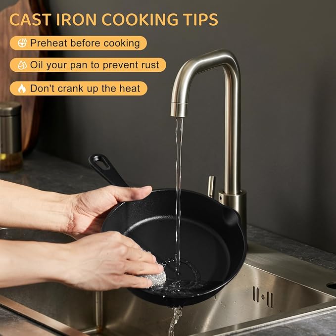 EWFEN Cast Iron Skillet 8 Inch, Pre-Seasoned Frying Pan, Heavy-Duty Professional Restaurant Chef Quality Cookware with Drip Spout, Indoor & Outdoor Use, Compatible with Oven, Stove, Grill & Campfire