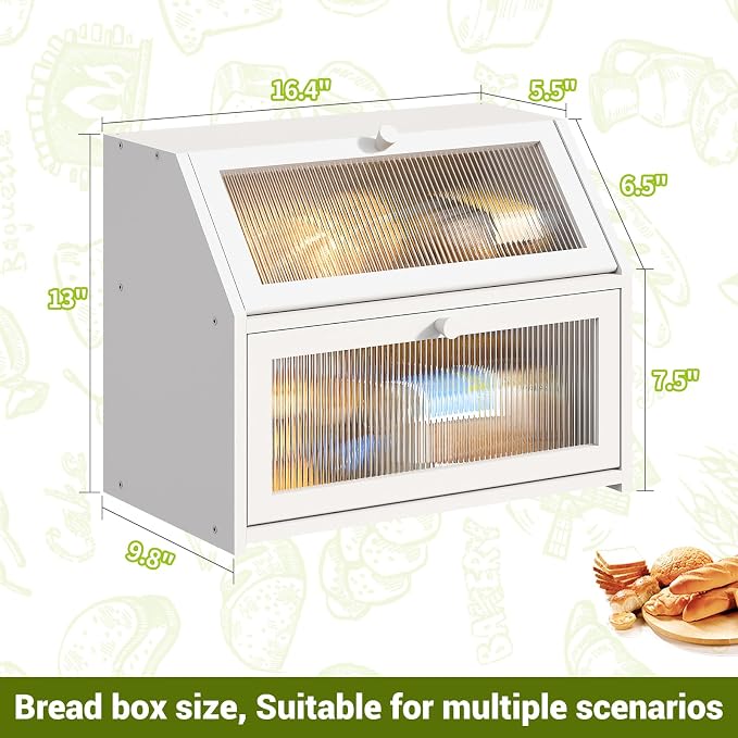 BMOSU Large Bread Box for Kitchen Countertop,Double Layer Bread Box for Kitchen Counter,Bamboo Wood Bread box Capacity Bin Storage(White)