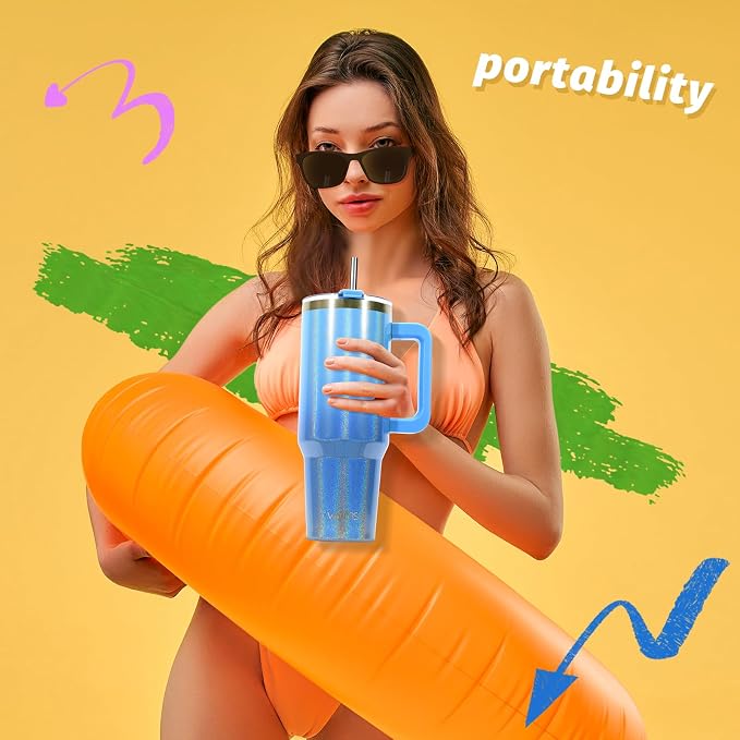 30 oz Shiny Tumbler with Handle and Straw,Stainless Steel Tumbler with Lid and Straw,Insulated Travel Mug(Cold for 34 Hours),Water Bottle for Iced Tea,Coffee (Blue)