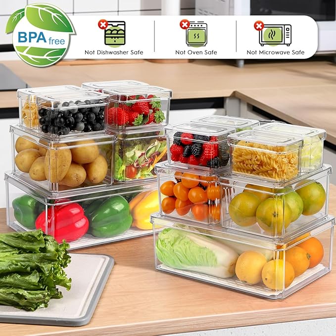 14Pack Fridge Organizer, Stackable Refrigerator Organizer Bins with Lids | BPA-Free Clear Plastic Storage Containers For Kitchen Cabinets, Fridge, Drinks, Fruits, Vegetables, Cereals, Counter Storage
