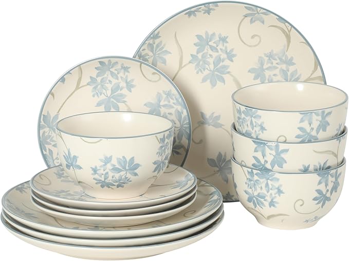 Gibson Home Admiral Hall 12-Piece Matte Stoneware Dinnerware Set – Dinner Plates, Salad Plates & Bowls with Blue Floral Pattern, Durable Everyday Dish Set, Microwave & Dishwasher Safe