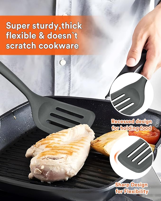 13PCS Silicone Kitchen Utensils Set for Nonstick Cookware, Grey | Food Grade, Heat Resistant Kitchen Utensil Spatula Set, Wooden Handles Kitchen Gadgets Tools Set