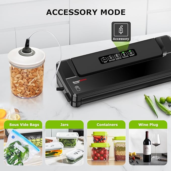 Bonsenkitchen Vacuum Sealer Machine With 5 Vacuum Bags,Black | Compact Food Sealer for Sous-Vide & Meal Prep,Multiple Modes,External Vacuum System,6x Longer Freshness