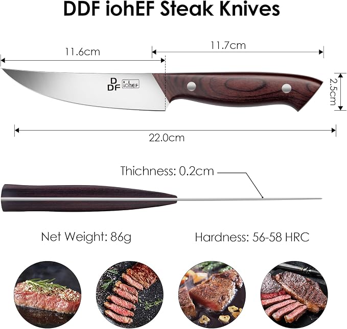 Steak Knives Set of 6, 4.5" Non-Serrated Steak Knife with Pakkawood Handles | Ultra-Sharp Steak Knives High Carbon Stainless Steel, Ergonomic Full-Tang Wooden Handles, for Families & Restaurants