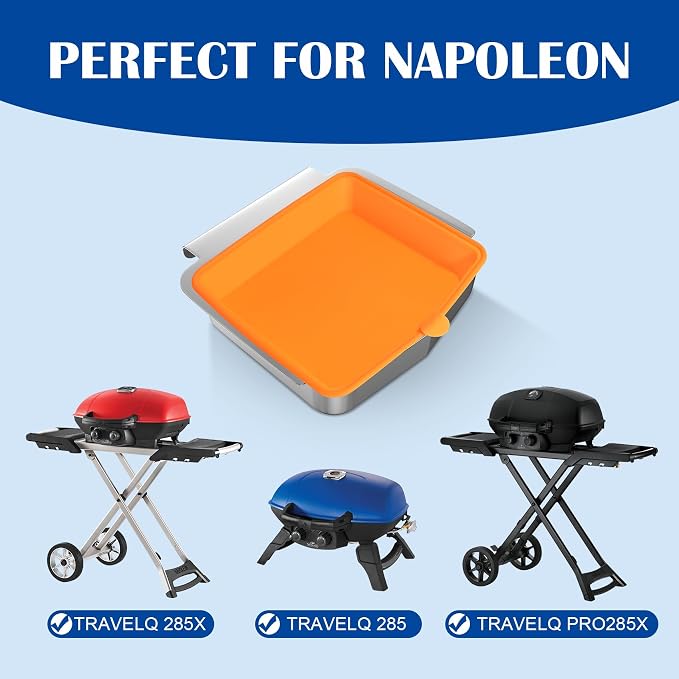 62006 Drip Pan for Napoleon TravelQ 285 Series, Stainless & Silicone | Fits TravelQ PRO285-BK Q285X-RD-1-A PRO285X-BK TQ285-BL-1 TQ240-BL Grill Parts. Heat-resistant, Dishwasher-Safe, Reusable.