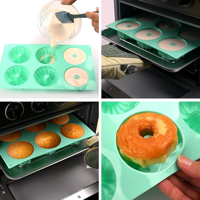 HUAKENER 2 Pcs Mini Fluted Cake Pan, 6-Cavity Fluted Tube Cake Pan | Non-stick Silicone Baking Mold for Cupcakes, Donuts, Cornbread, Brownies, Jellies (BPA-Free)