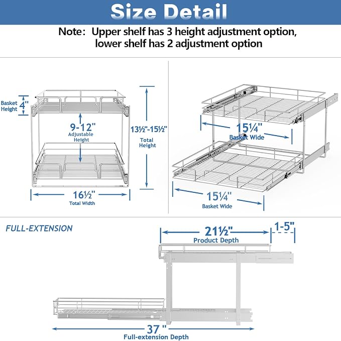 2 Tier Individual Pull Out Cabinet Organizer 16½" W x 21½" D, Heavy Duty Cabinet Pull Out Shelves, Slide Out Drawers Organization for Kitchen Cabinets Bathroom
