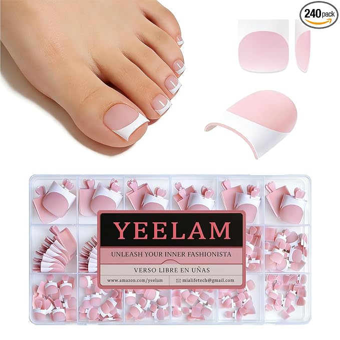 Press On Toenails French Tip, Soft Gel, Matte Baby Pink, 240Pcs | 15 Sizes, Sharp Square, Big Toe Friendly, Salon-Quality Finish, Long Wear Value Pack, DIY Pedicure