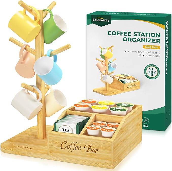 EsLuker.ly Mug Tree Holder Stand, Countertop Bamboo Coffee Cup Organizer | Rack for Kitchen Office, Space-Saving Coffee Station Bar Organizer with 6 Hooks, Modern Design Enhances Decor
