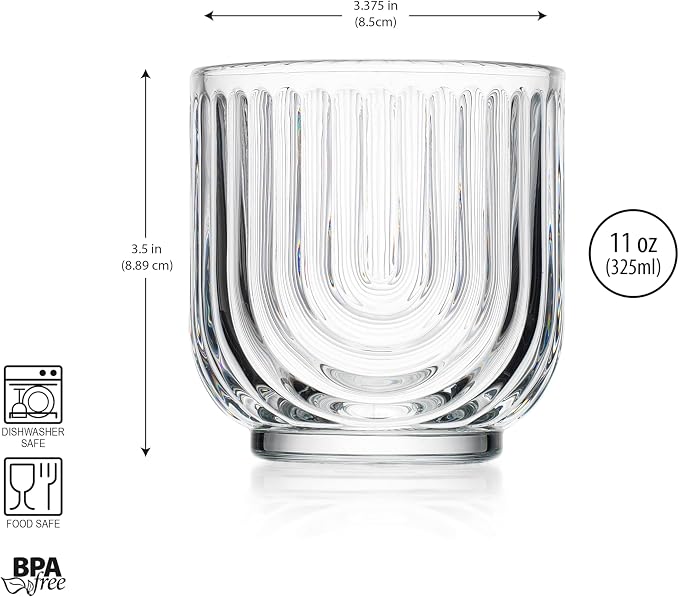Glaver's Vintage Glassware Art Deco Glasse Ribbed Drinking Glasses U-Shape Arch Design Colored Cocktail Kitchen Tumblers Everyday Dinner Decorative Party (Clear S/4 11oz)