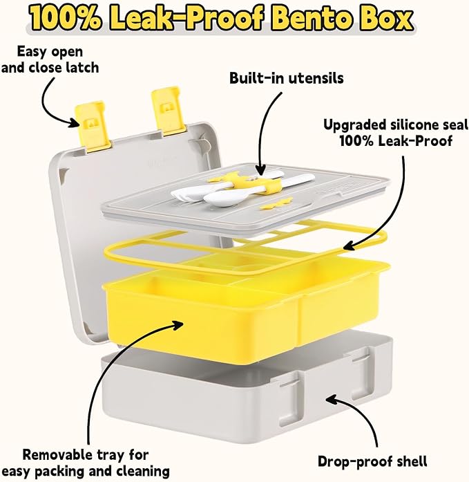 rockpapa Bento Box for Kids - Large 5.5 Cups Lunch Box with Utensils - 5 Compartments, BPA-Free, Leak Proof, Portable Handle for Boys Girls, Microwave/Dishwasher Safe (Grey Constr Trucks)