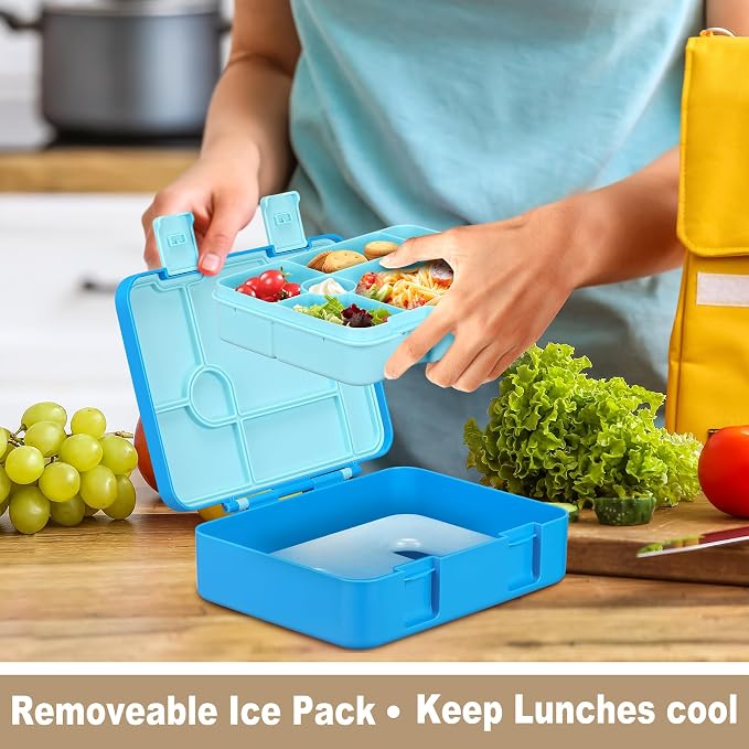 JOOPETALK Chill Bento Lunch Box for Kids Adult with Ice Pack,6-Compartment Reusable Leak-proof Lunch Container for Girls Boys to School,Keep Food Cold&Fresh,Dishwasher & Freezer Safe