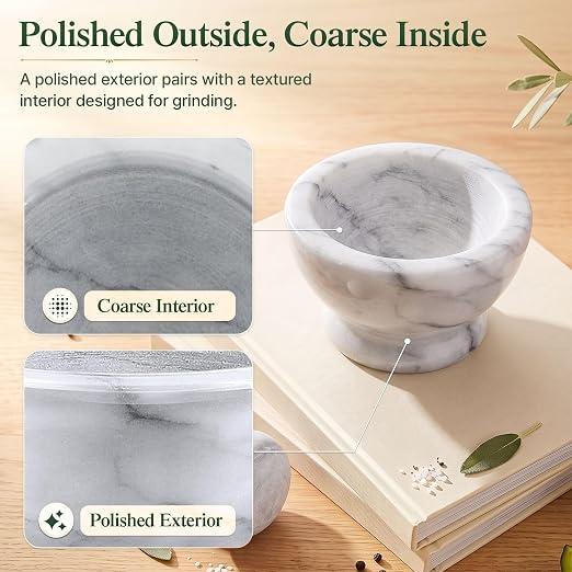 Flexzion Small Marble Mortar and Pestle Set, 4-Inch 1/2-Cup Bowl, White | Stone Spice Grinder and Pill Crusher with Mushroom Pestle and Non-Slip Pad for Herbs, Spices, Garlic, Seeds and Dry Pills