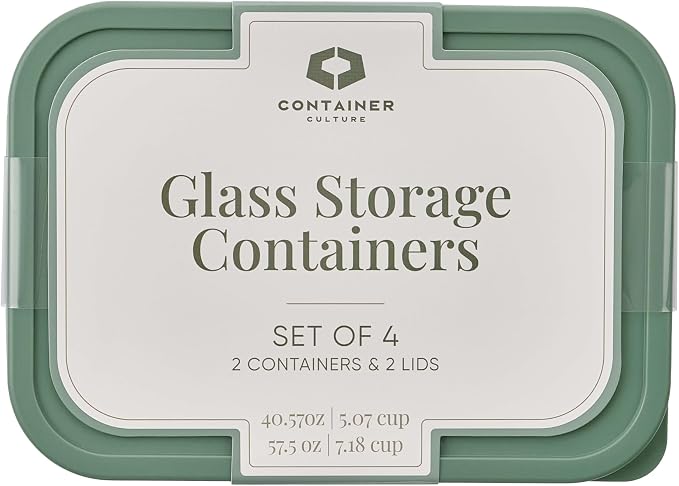 Glass Food Storage Containers with Lids — 4 Piece — 57.5 oz & 40.57 oz Glass with BPA-Free Leakproof Stackable Lids — Microwave, Oven & Dishwasher Safe — Ideal for Meal Prep & More - Soft Sage