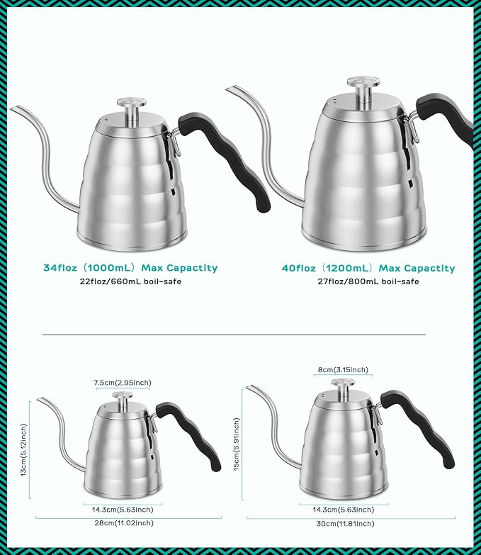 Coffee Gator Gooseneck Kettle with Thermometer - 40oz | Stainless Steel Pour Over Maker, Stove Top, w/Precision Drip Spout, for Drip Coffee, French Press, Tea Kettle , 5 Cup, 1.2L