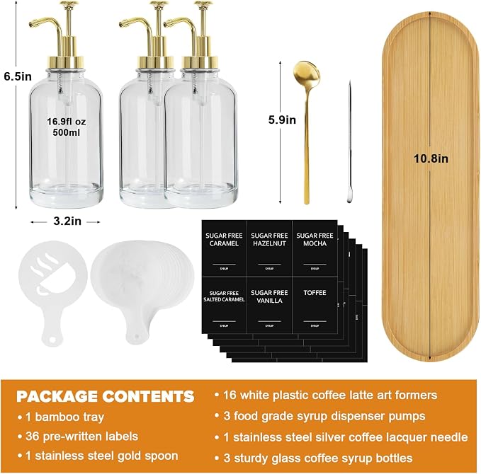 Coffee Syrup Dispenser,Syrup Dispenser for Coffee Bar，Syrup Bottles with Pump，16.9 Fl Oz Glass Honey Bottle for Coffee Bar，3 Pack，Gold
