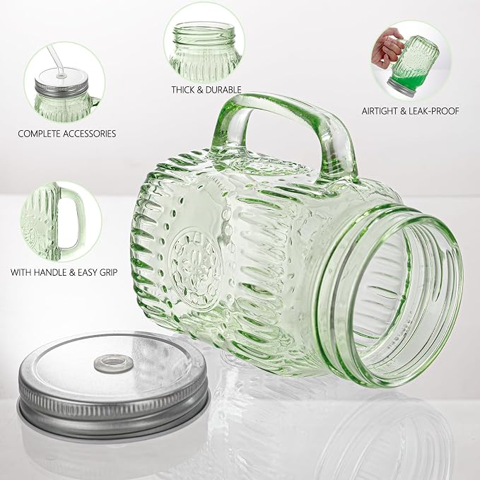 DaYammi 6 Pack Mason Jars Cups with Lids and Straws, Green, 16 ounces | Vintage Drinking Glasses, Leak Proof Iced Coffee Cups for Daily Use & Party