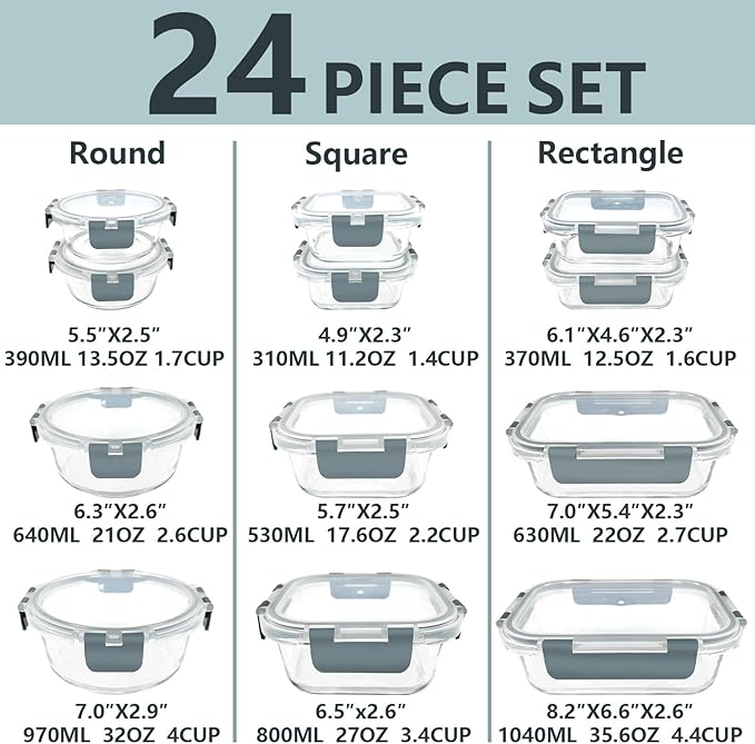12 Pack Glass Food Storage Container Set with Lids Non Toxic, Stackable Borosilicate Glass Meal Prep Containers, Microwave, Oven, Freezer and Dishwasher Safe (Gray)