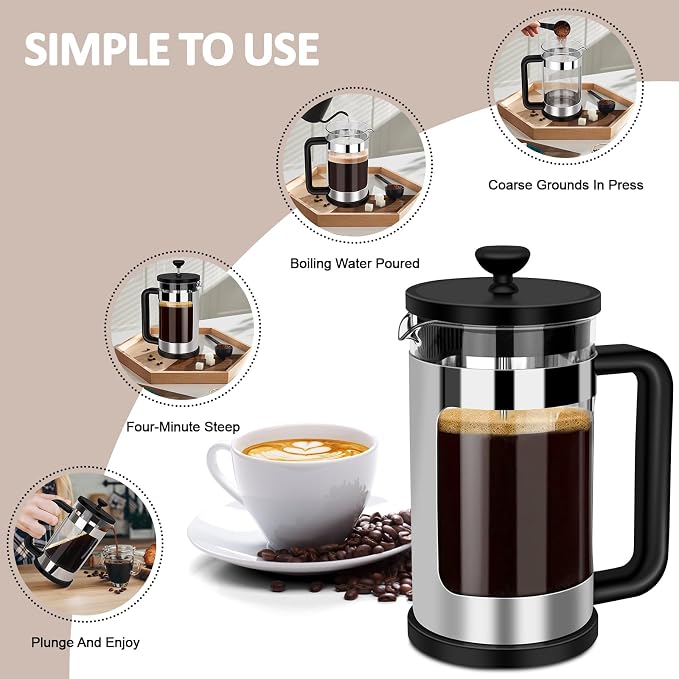 RAINBEAN French Press Coffee Maker 12 Oz, Mini Coffee Press 1 Cup, Single Serve French Press, With 3 Filterations, Heat Resistant Thickness Borosilicate Glass, Coffee Brewer Tea Press
