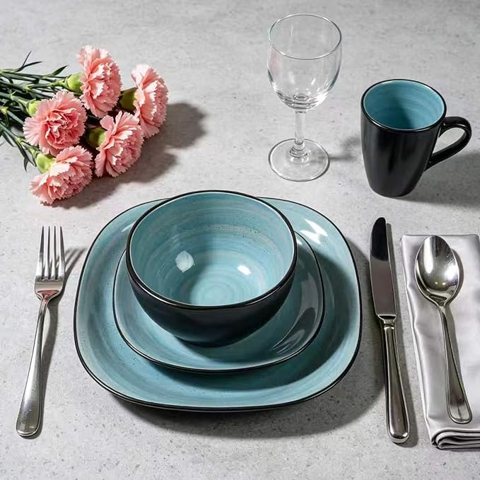 HomeVss, Stoneware Square 16pc Dinnerware Set, Inside Spinwaseh Swirl Turquoise + Outside Black