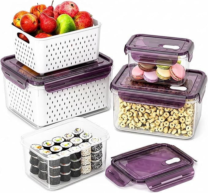 Fruit Storage Containers for Fridge with Removable Colander, Food Storage Containers with Lids, Dishwasher & Microwave Safe, Keep Berry Fruit Vegetable Meat Fresh Longer (Clear Body/Purple Lid)