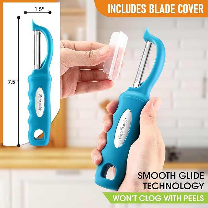 Spring Chef Swivel Vegetable Peeler for Kitchen w/Soft Grip Handle, Teal | Premium Potato Peeler w/ Ultra Sharp Stainless Steel Blades, Multifunctional Veggie Peeler for Apple, Carrot, Cucumber, Fruit