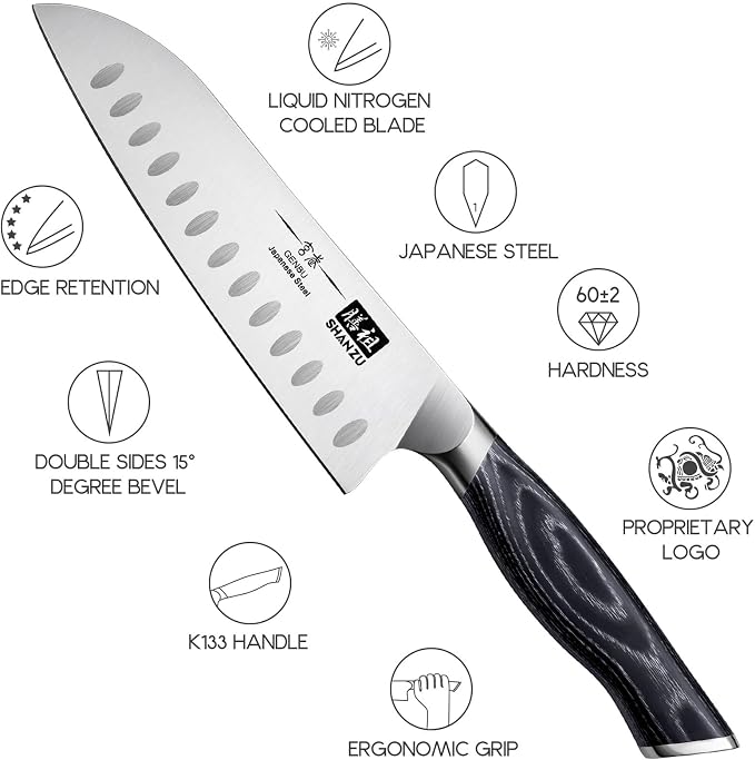 SHAN ZU 7 Inch Japanese Chef Knife, Professional Kitchen Knives | Japanese Super Steel Sharp Santoku Knife with K133 Ergonomic Handle, Black Tortoise Genbu Series