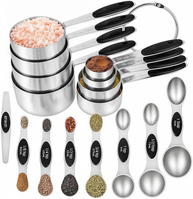 16 Pieces Measuring Cups and Magnetic Measuring Spoons Set Stainless Steel,8 Measure Cups with Silicone Handle and 7 Double Sided Magnetic Measure Spoons & 1 Leveler