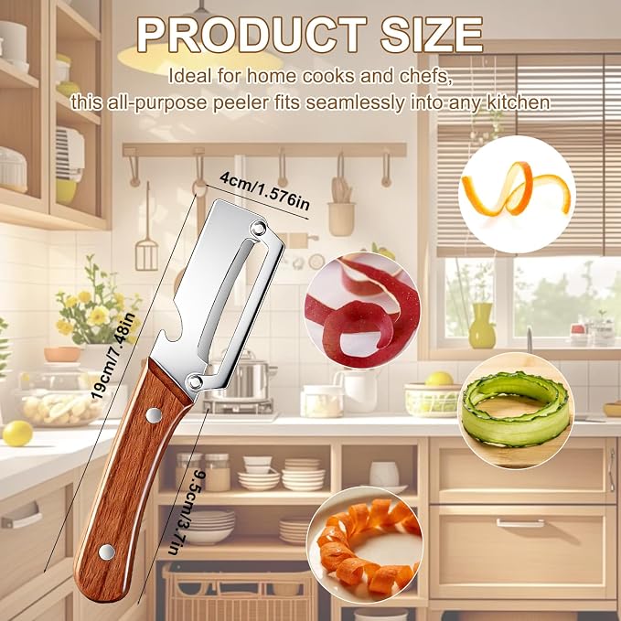 Multi-Functional Vegetable Peeler for Kitchen, 2 in 1 Stainless Steel Vegetable Peeler with Wooden Handle and Bottle Opener,Kitchen Tool for Fruit Apple Potato Carrot Pumpkin Papaya (2pcs)