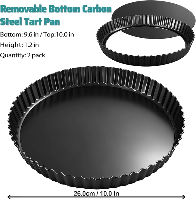 Tart Pan 2 Pack, 10 Inch Nonstick Carbon Steel Pan with Removable Bottom | Deep 1.2In Tart Quiche Pan for Apple pie, Kitchen Reusable Baking Tool