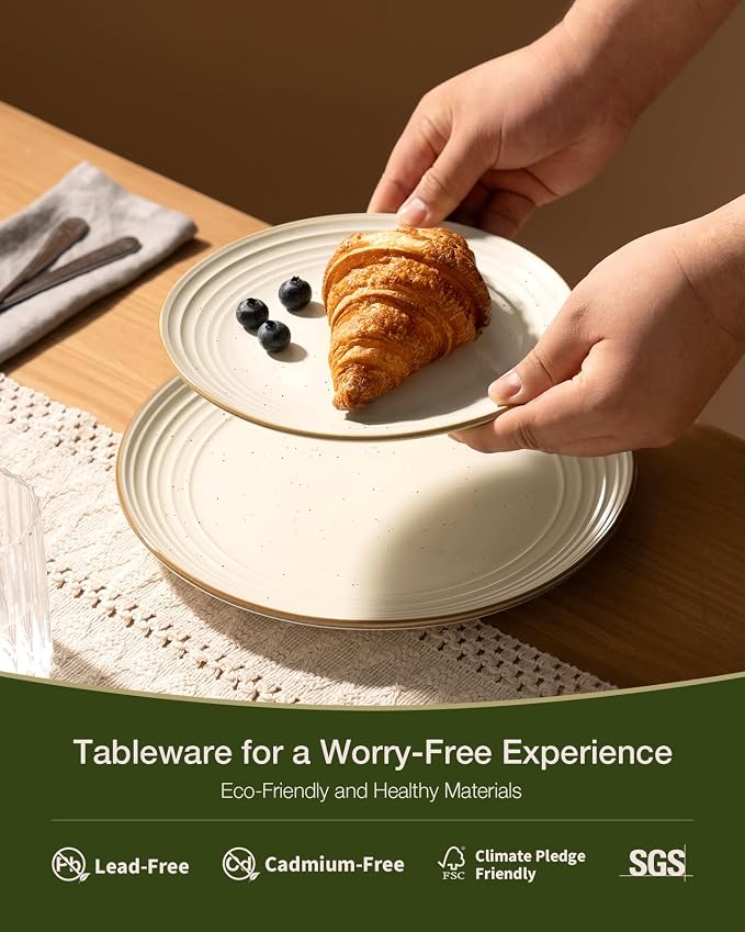 Famiware Jupiter Stoneware Dinnerware Sets with Pasta Bowls, Dishes for 4 | 16pc Speckled Plates and Double Bowls with Rim, Chip & Scratch Resistant, Microwave & Dishwasher Safe, Neutral Vanilla White