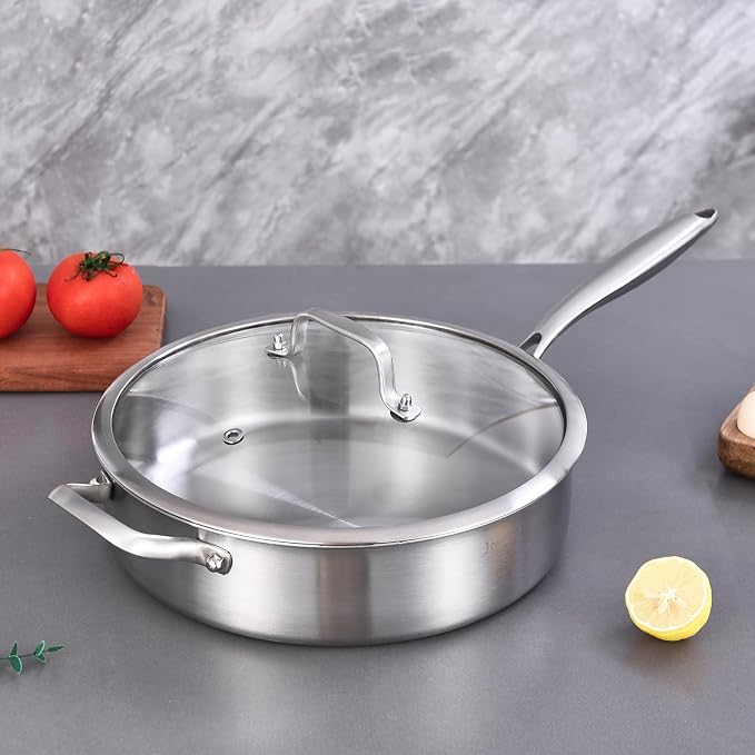 Inqibee 3 QT Tri-Ply Stainless Steel Saute Pan with Lid | Deep Frying Pan with Helper Handle | 12 Inch | Induction Compatible | Oven & Dishwasher Safe | Serves 2–3 People