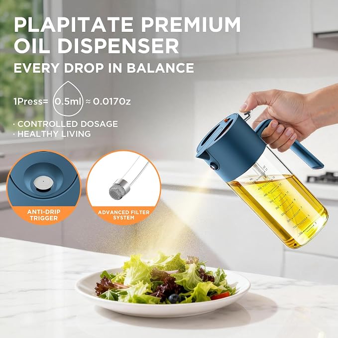 PLAPITATE 2Pcs 17oz Premium Olive Oil Sprayer for Cooking, 2 in 1 Glass Olive Oil Dispenser Bottle for Kitchen Gadgets, Spray Bottle with Portion Control for Salad, Frying, BBQ (Black & Blue)