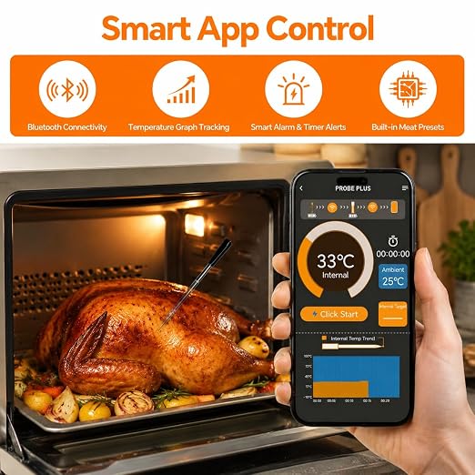 Bluetooth Meat Thermometer Wireless for Grill BBQ Oven, 2 Meat Probes | 130FT Stable signal | ±1°F Accurate Digital | Wifi App Control | IP67 Waterproof | Rechargeable | For Steak Chicken Turkey